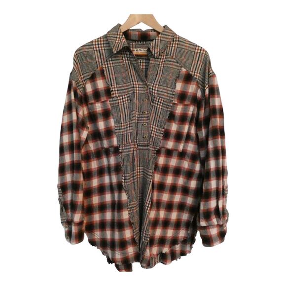 We The Free People Wildfire Mixed Plaid Flannel Oversized Top Medium M - Picture 3 of 9